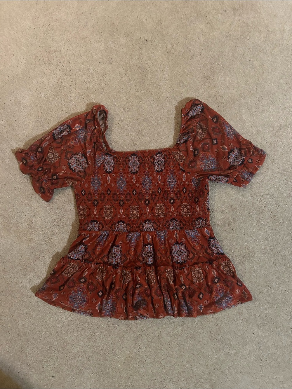 Rust Floral Smocked Peplum Top - Women